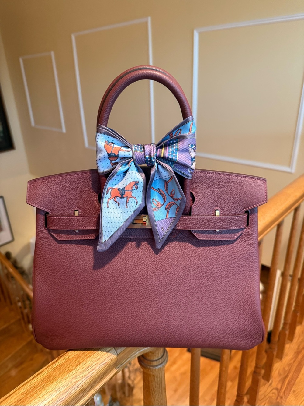 Elegant burgundy rouge h  Togo Leather Top-Handle Satchel Blue Scarf Accent GHW